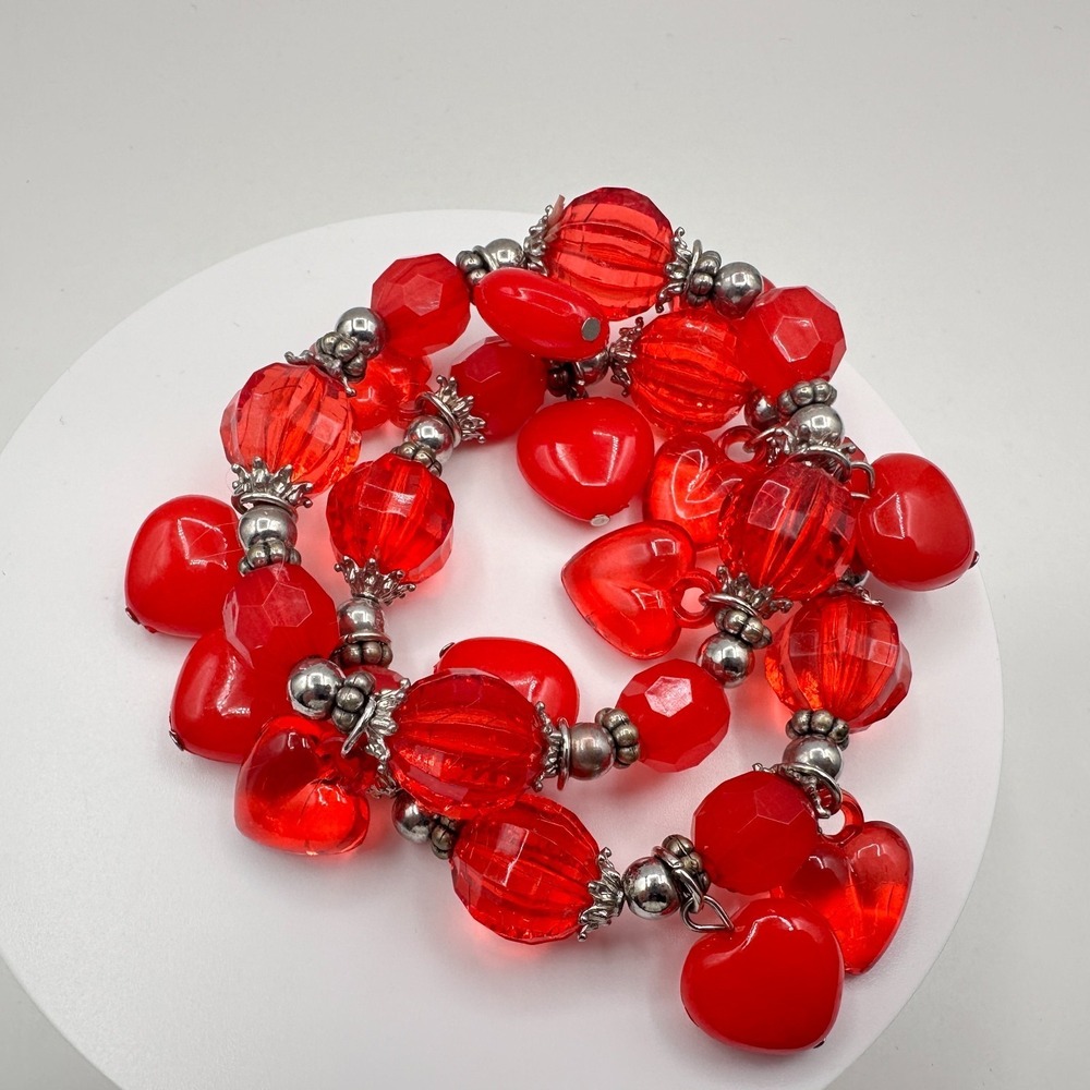 Vintage 90s Red Heart Beaded Charm Bracelet Set Boho Women's Jewelry